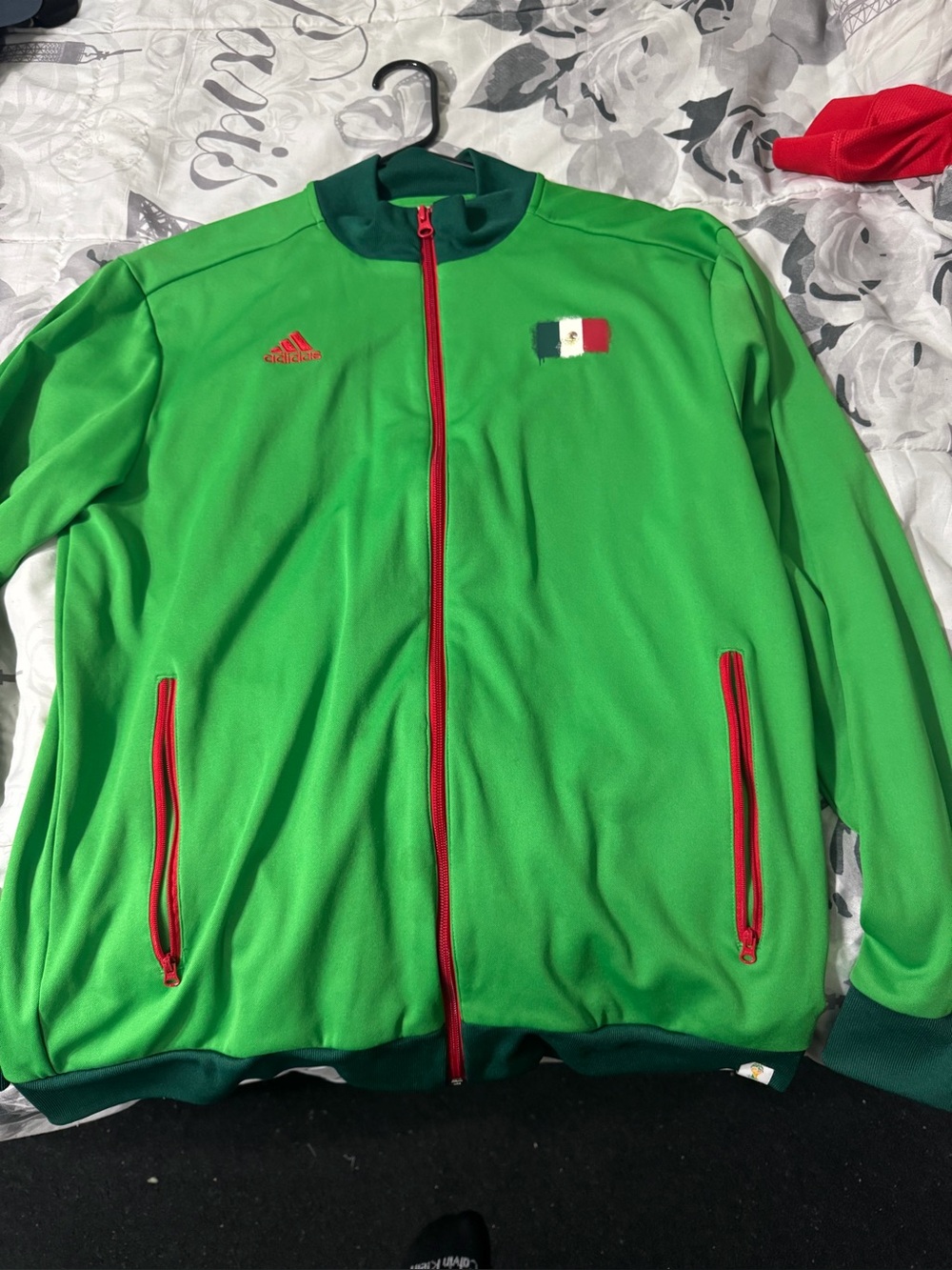 adidas Green Track Jacket with Red Trim and Flag Patch